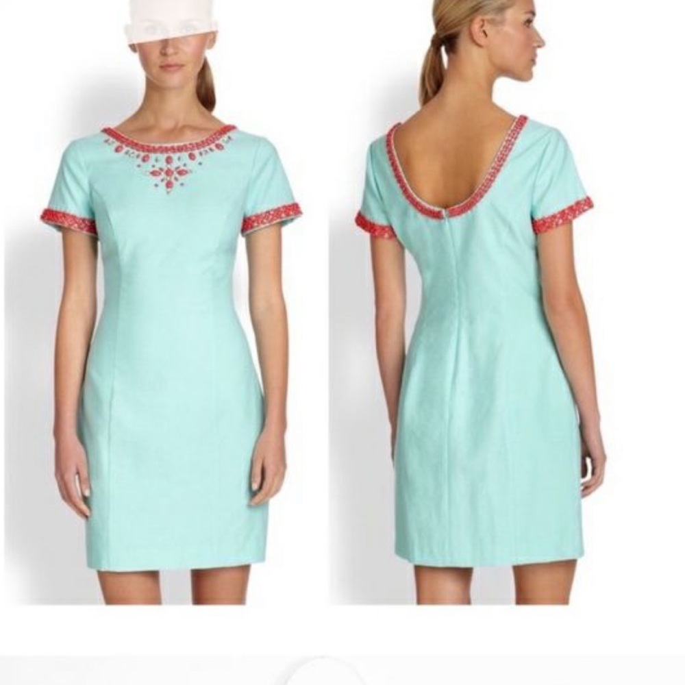 Lilly Pulitzer Aqua Shift Dress with Coral Trim